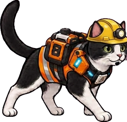 Nori, a tuxedo cat in a hard hat