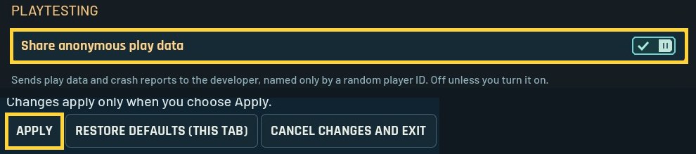 Share anonymous play data switched on, then Apply